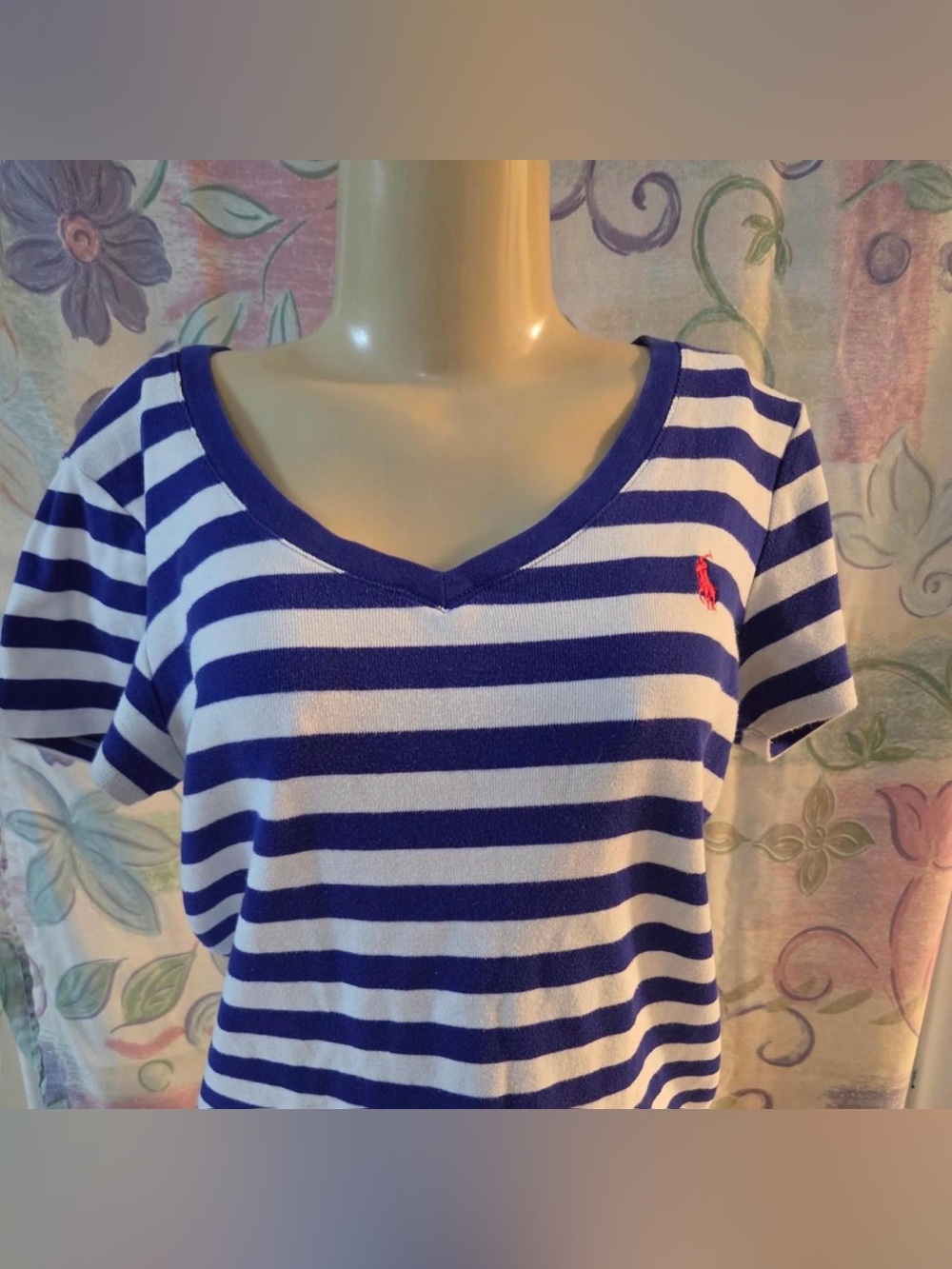 Ralph Lauren Navy & White Striped V-Neck Tee with Red Logo